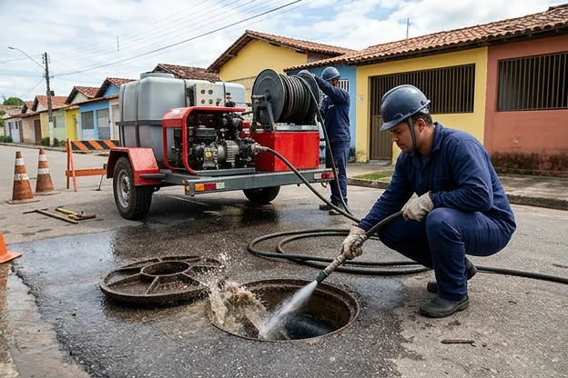 Equipamento de hidrojateamento em funcionamento em Bragança.