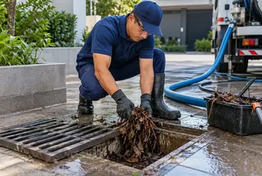 Equipe desentupindo rede pluvial em Bragança com equipamento especializado.