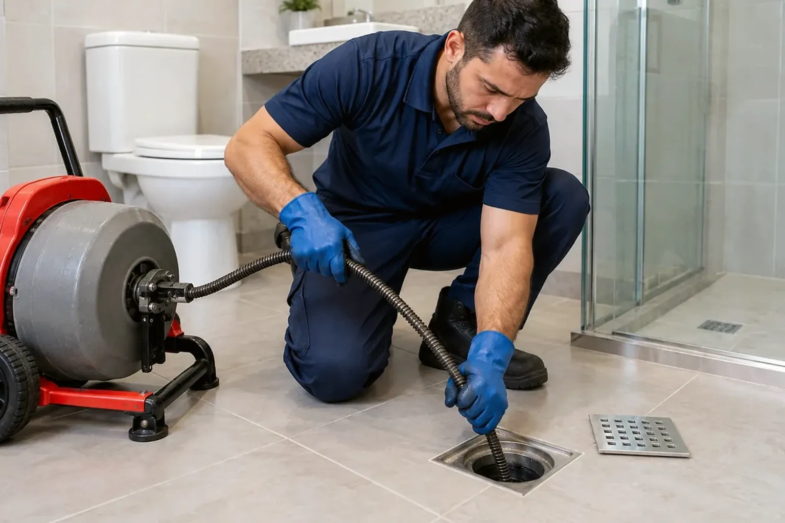 Profissional desentupa ralo utilizando ferramentas de desentupidora em Bragança.