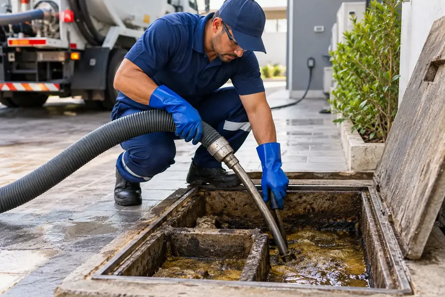 Profissional limpando caixa de gordura em Bragança com técnicas adequadas.