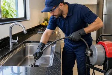 Profissional realiza desentupimento de pia, usando ferramentas adequadas em ambiente doméstico.