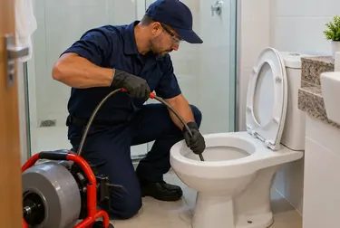 Técnico desentupindo vaso sanitário com ferramentas adequadas em Bragança.