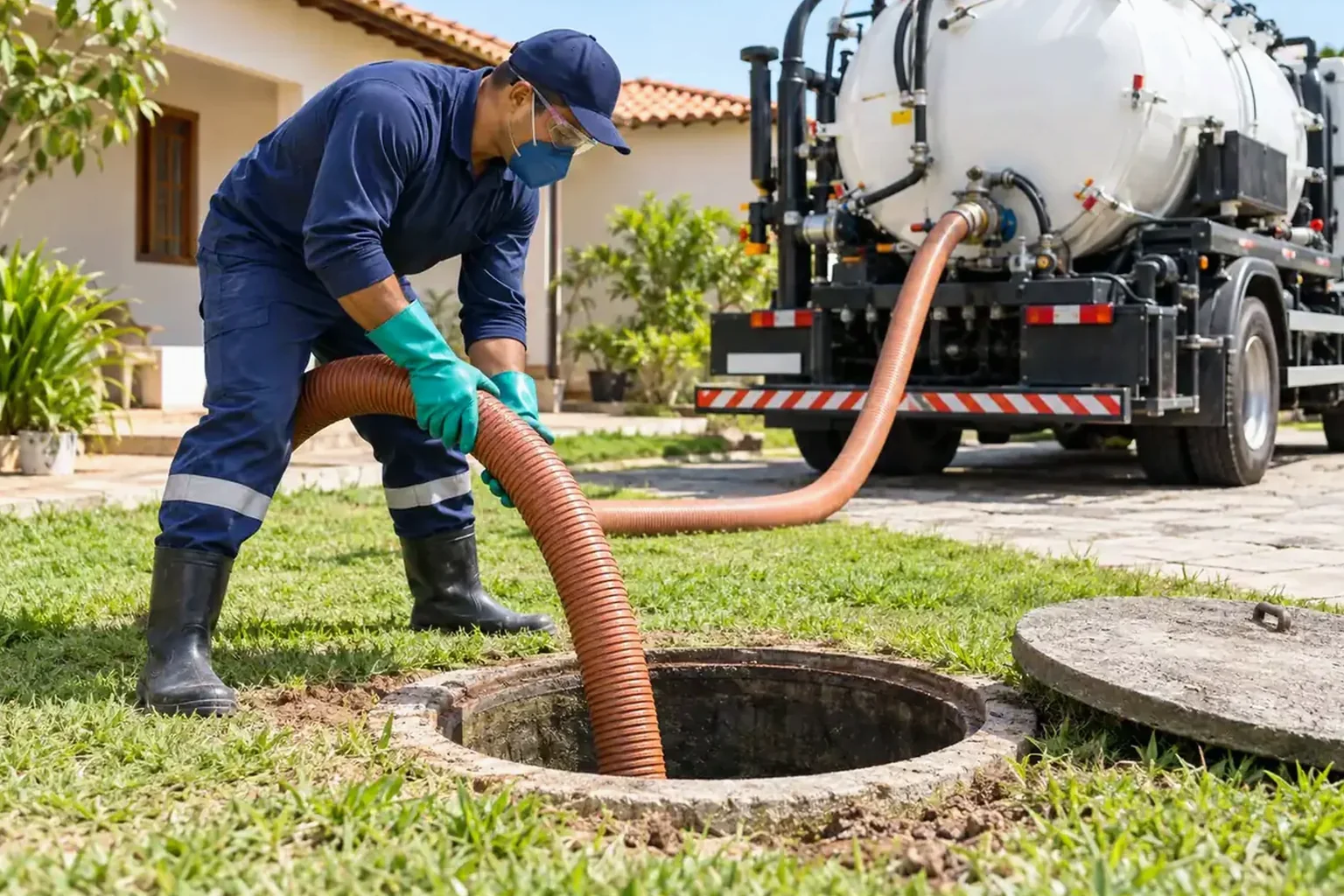 Técnico realiza limpeza de fossa séptica em Bragança com equipamento adequado.