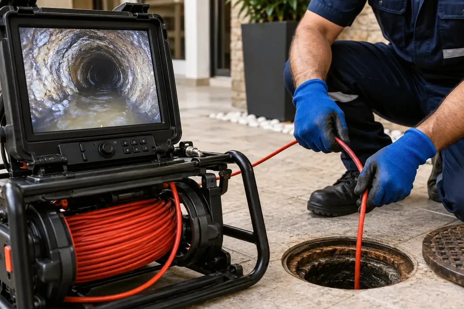 Técnico verifica tubulações usando câmera em Bragança.