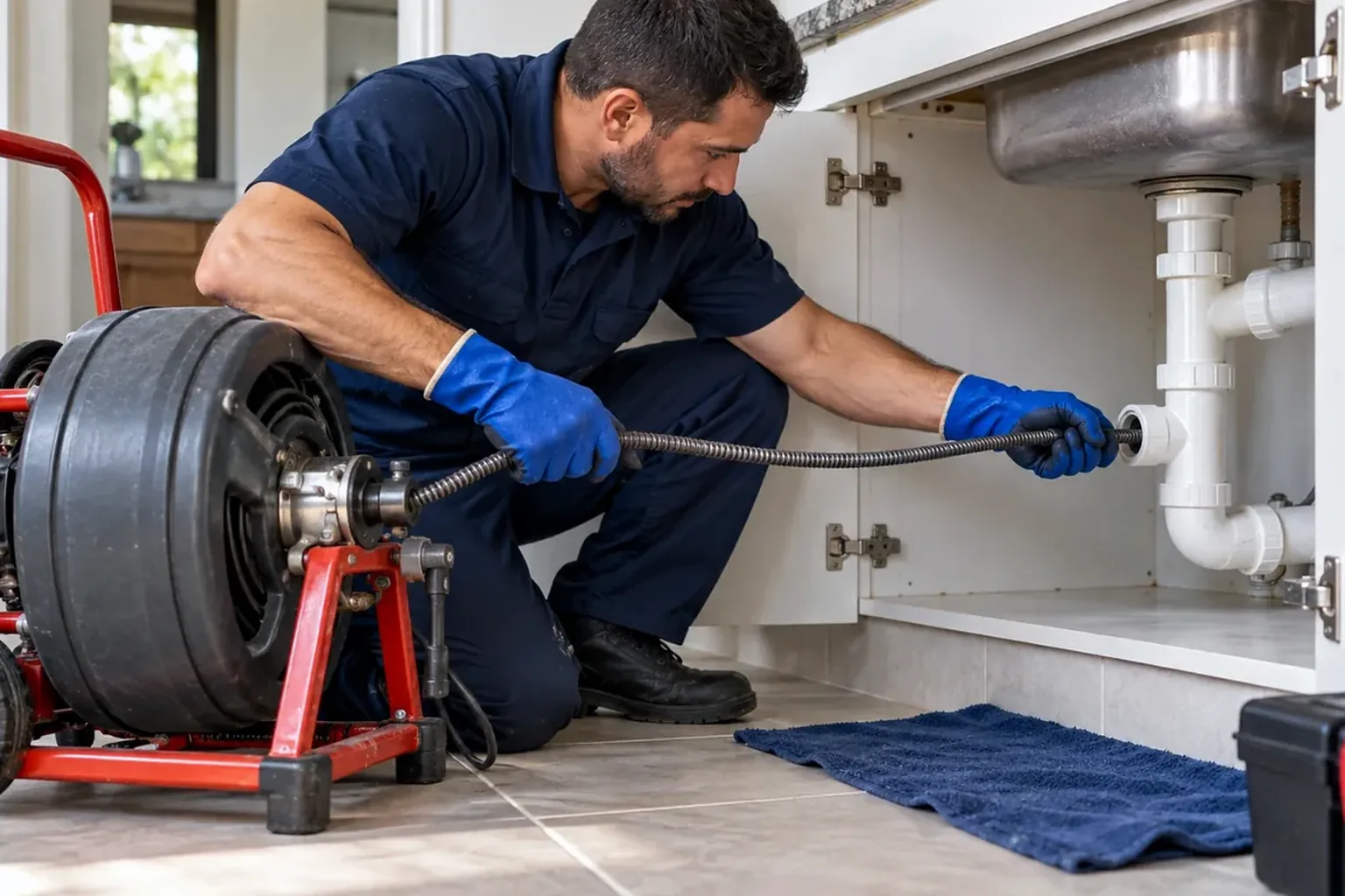 Técnicos especializados desentupindo tubulações em Bragança usando hidrojateador.