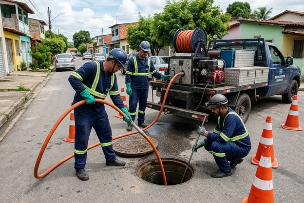 Técnicos fazem manutenção em redes de esgoto em Bragança.