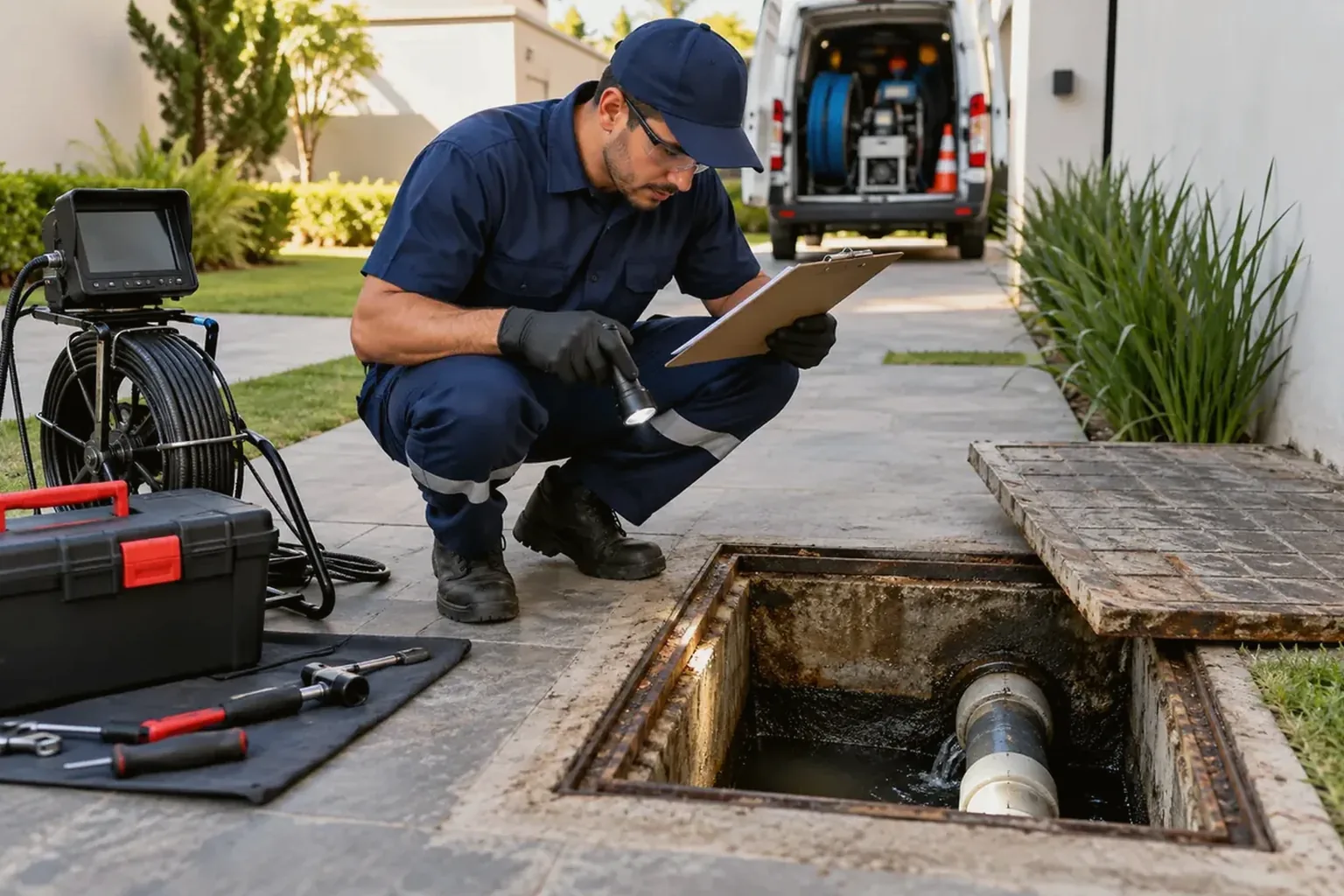 Técnicos realizam manutenção preventiva em rede de esgoto em Bragança.